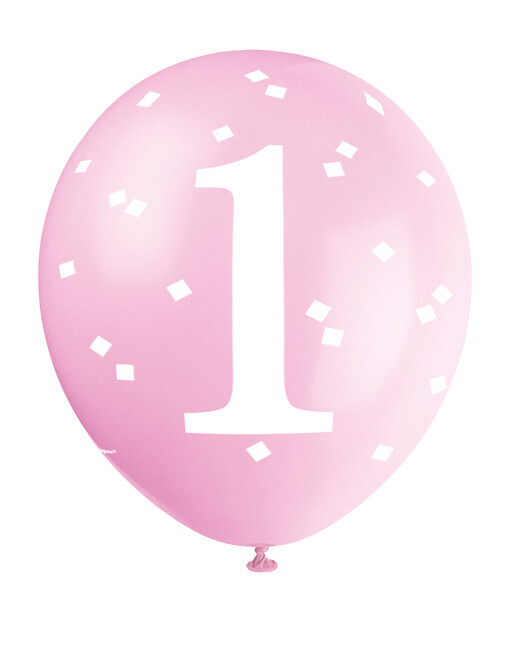 Balónky 1 narozeniny růžové tečkované 30cm 5ks