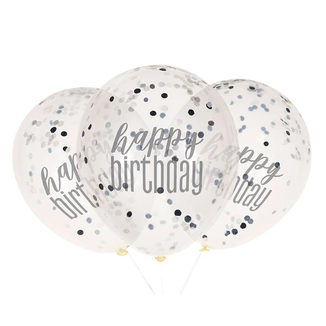 Balónky s konfetami Happy Birthday černé 30cm 6ks
