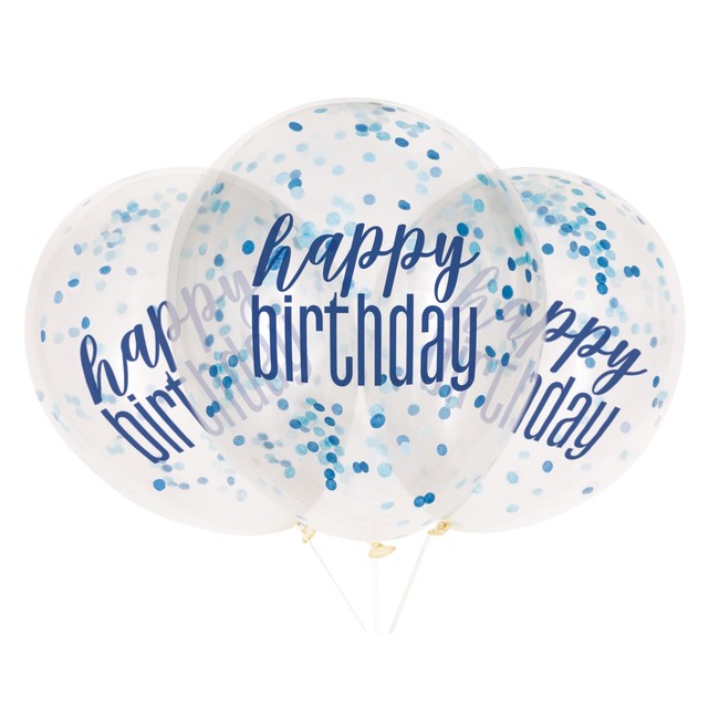 Balónky s konfetami Happy Birthday modré 30cm 6ks