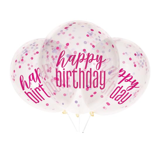Balónky s konfetami Happy Birthday růžové 30cm 6ks