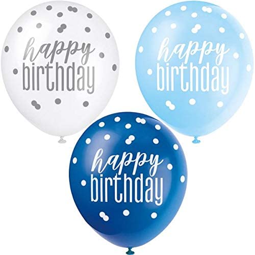 Tečkované balónky Happy Birthday modré 6ks 30cm