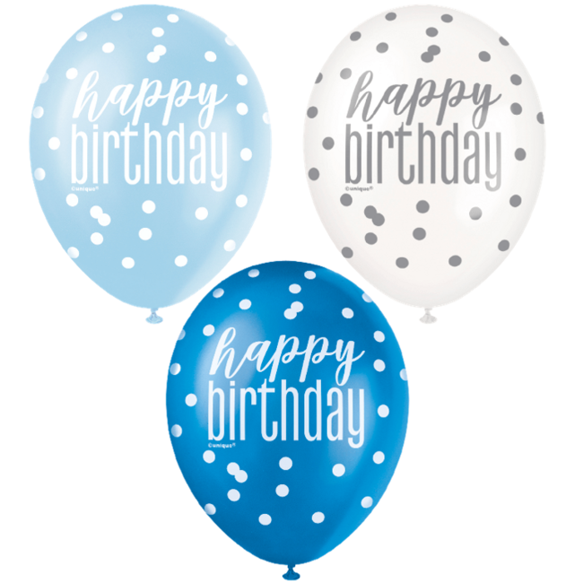 Tečkované balónky Happy Birthday modré 6ks 30cm