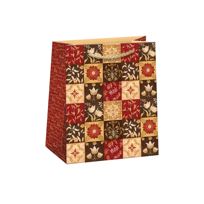 Levně Dárková taška Červeno-zlaté květiny mix vzorů 19x23x11,5cm