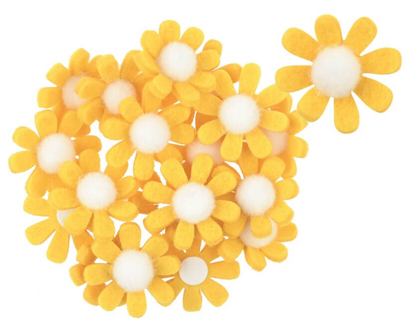 Dekorace květiny z filcu s lepíkem žlutá 3,5 cm 18 ks
