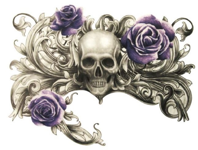 Levně Dočasné tetování Lebka z podsvětí květinami 34x48cm