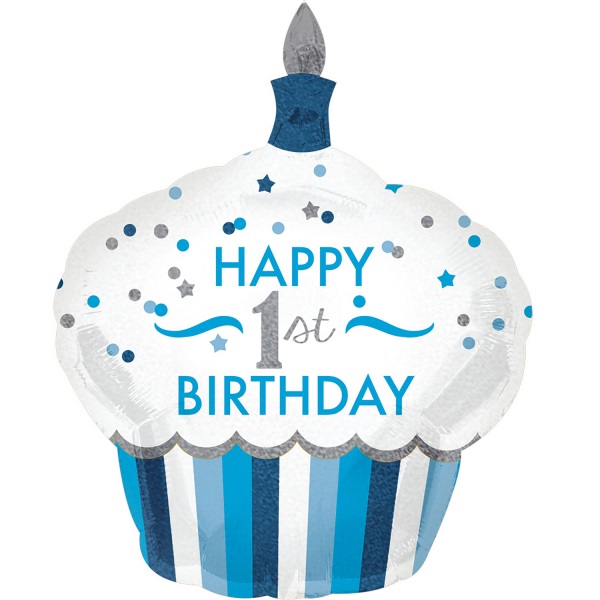 Levně Fóliový balónek supershape 1st Birthday Cupcake modrý 73x91cm