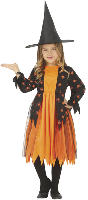 Levně Kostým Oranžová čarodějnice s pavouky 5-6 let