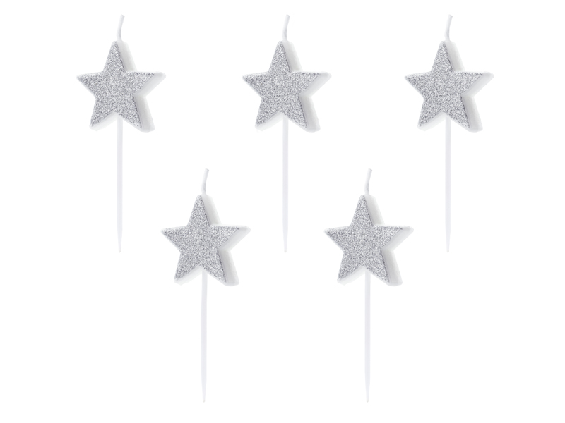 Dortové svíčky stříbrné hvězdy 5ks 3,5cm