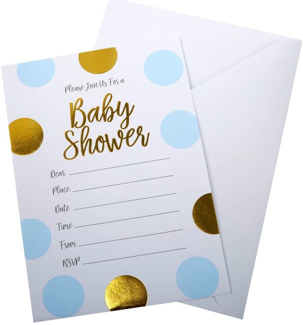 Pozvánky Baby Shower modro-zlaté 10ks