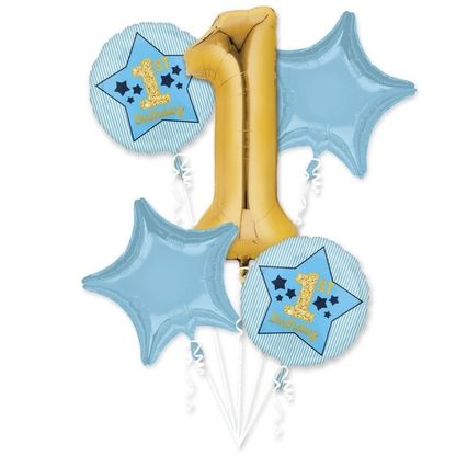 Balónková kytice 1.narozeniny chlapeček modro-zlatý 5ks