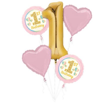 Balónková kytice 1.narozeniny holčička růžovo-zlatý 5ks