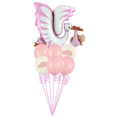 Balónová kytice k narození dítěte Čáp růžová