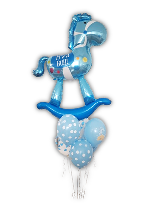 Balónová kytice k narození dítěte Houpací koník modrý