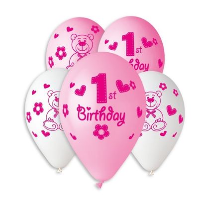 Balónky 1. narozeniny holčička Macík 30cm 5ks