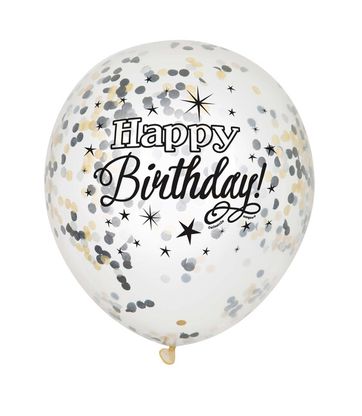 Balónky s konfetami černé Happy Birthday 30cm 6ks