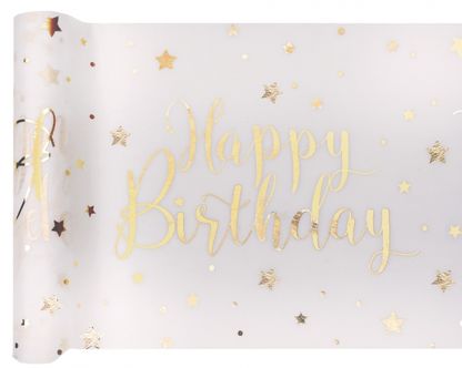 Běhoun Happy Birthday bílo-zlatý metalický 30cm x 5m