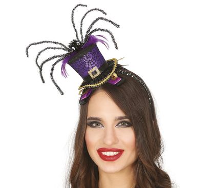 Čelenka mini klobouček fialovo-černý s pavoukem