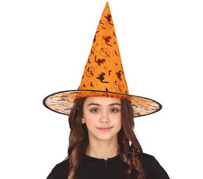 Dětský čarodějnický klobouk oranžový s čarodějnicemi