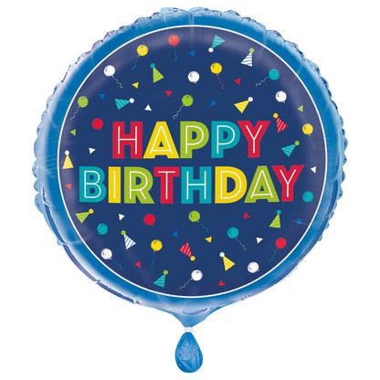 Fóliový balónek Happy Birthday barevné kloboučky 45cm