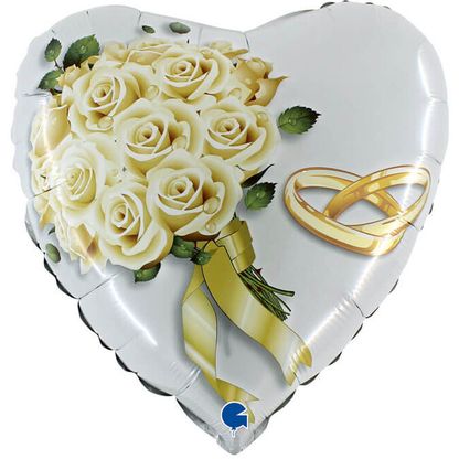 Fóliový balónek srdce Bílé růže a prsten 46cm