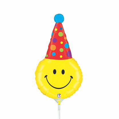 Mini fóliový balónek Smilie s party kloboučkem