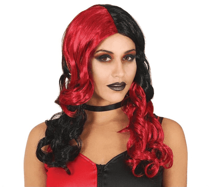 Paruka Harley Quinn černo-červená kudrnatá