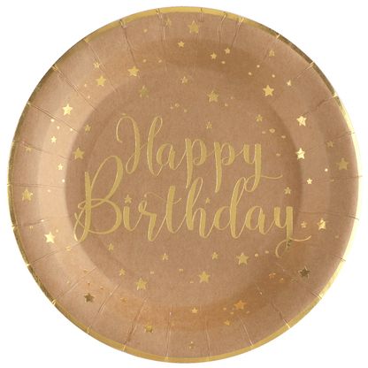 Papírové talíře Happy Birthday hnědo-zlaté 23cm 10ks