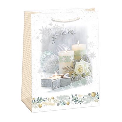 Vánoční dárková taška Koule a svíčky stříbrno-bílé 34,5x48cm