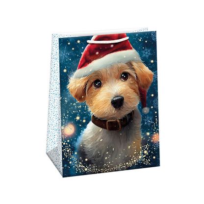 Vánoční dárková taška Pes s mikulášskou čepicí 23x32x12,5cm
