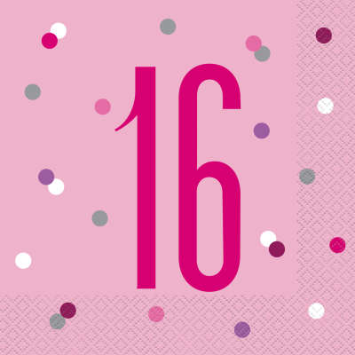 Ubrousky 16.narozeniny růžové glitter 33cm 16ks