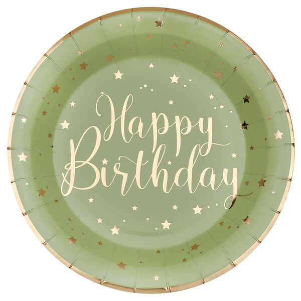 Levně Papírové talíře Happy Birthday zeleno-zlaté 23cm 10ks