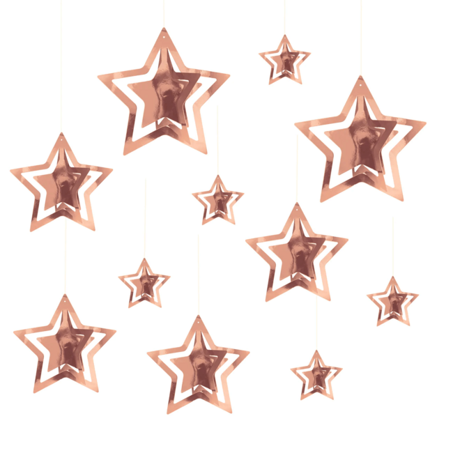 Levně Závěsné dekorace Růžovo-zlaté hvězdy s 3D efektem 11ks